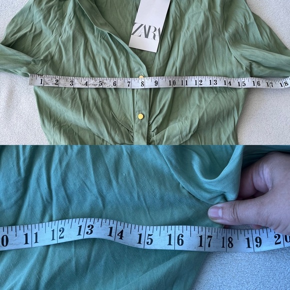 NWT Zara Gathered Linen Blend Shirt Dress S Green Gold Buttons - Picture 11 of 12
